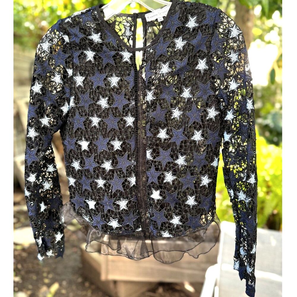 Karina Grimaldi Flamand Lace Blk & Blue Crochet Diaphanous Star Blouse Top SZ M